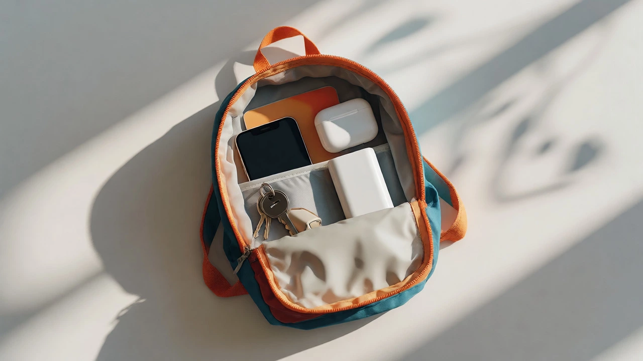 Top-down view of a tiny backpack containing only a phone, keys, and charger, showing minimalism.