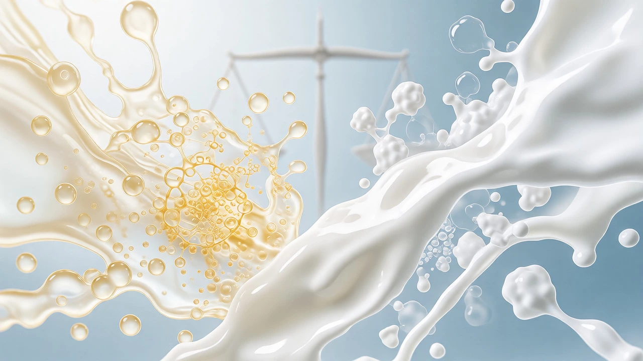 Abstract visualization comparing nutrient-rich human milk with heavy-protein cow's milk.
