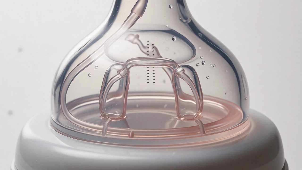 Close-up of a newborn bottle nipple with anti-colic vent system