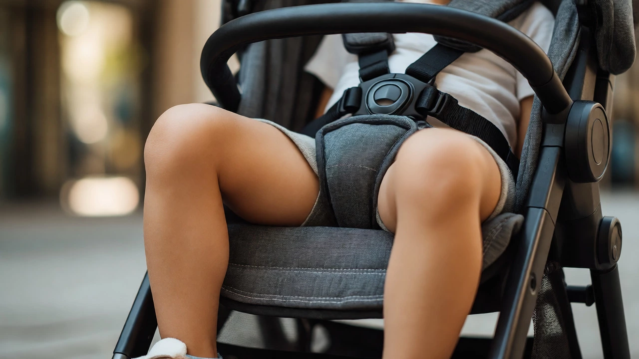 Close-up of a stroller seat showing a child's legs cramped and feet dragging, indicating they have outgrown it.