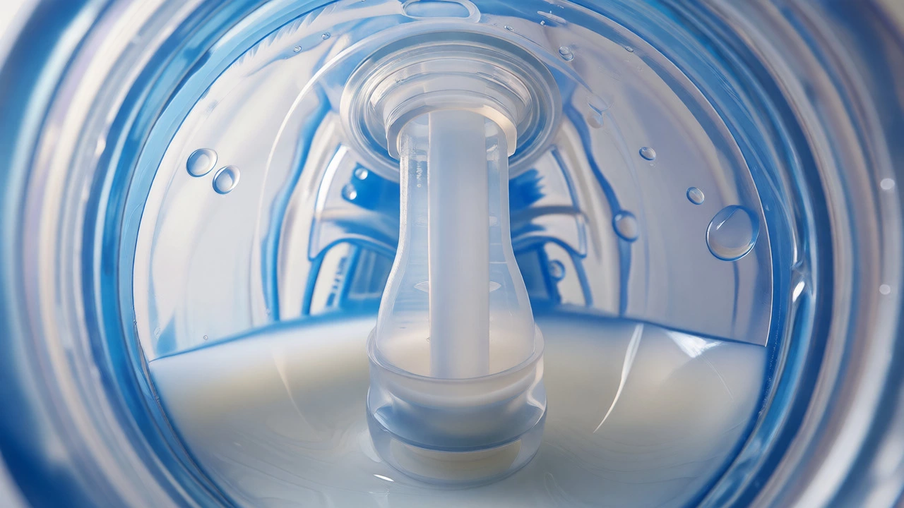 Close-up of internal vent system inside a blue Dr. Brown's bottle
