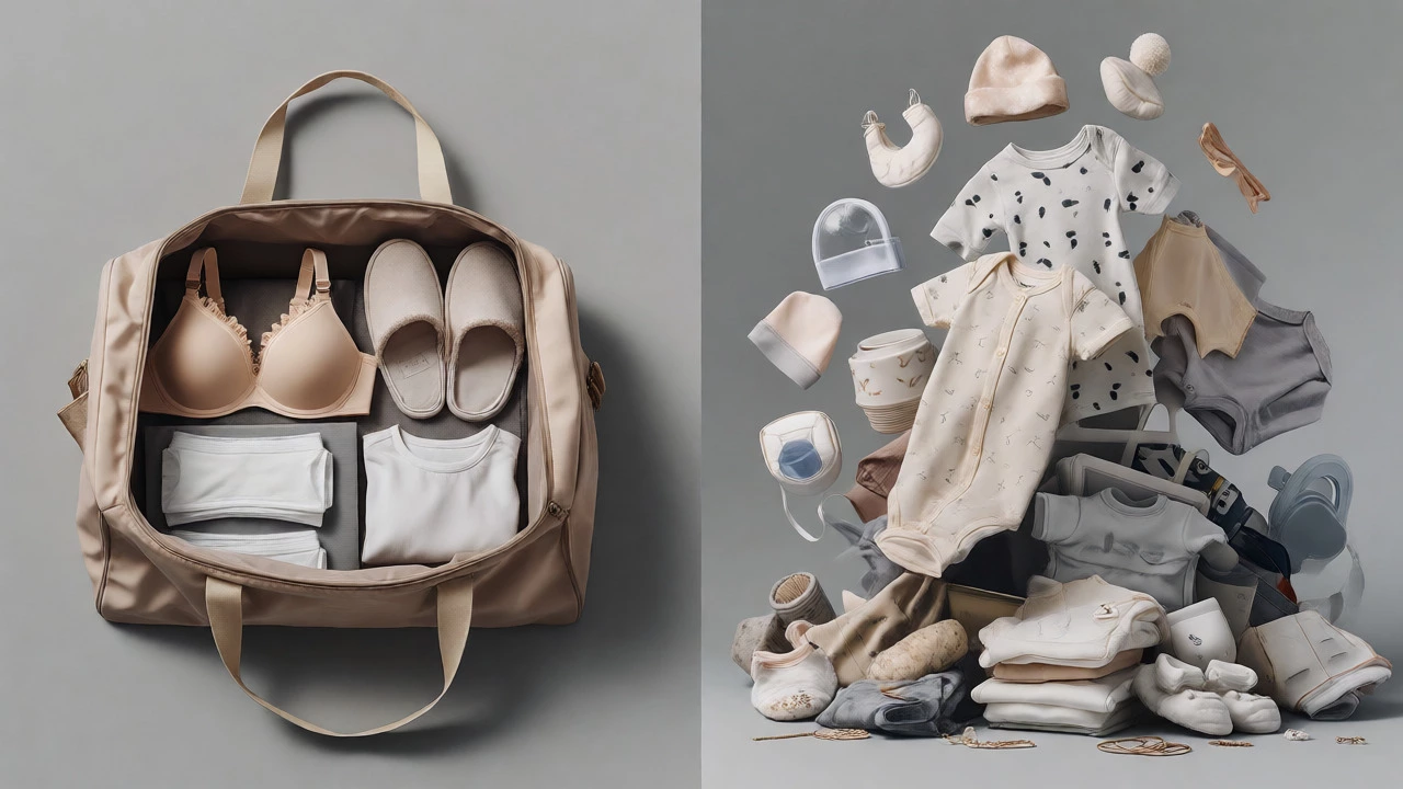 Comparison showing a neat essential hospital bag versus floating piles of excess baby gear.