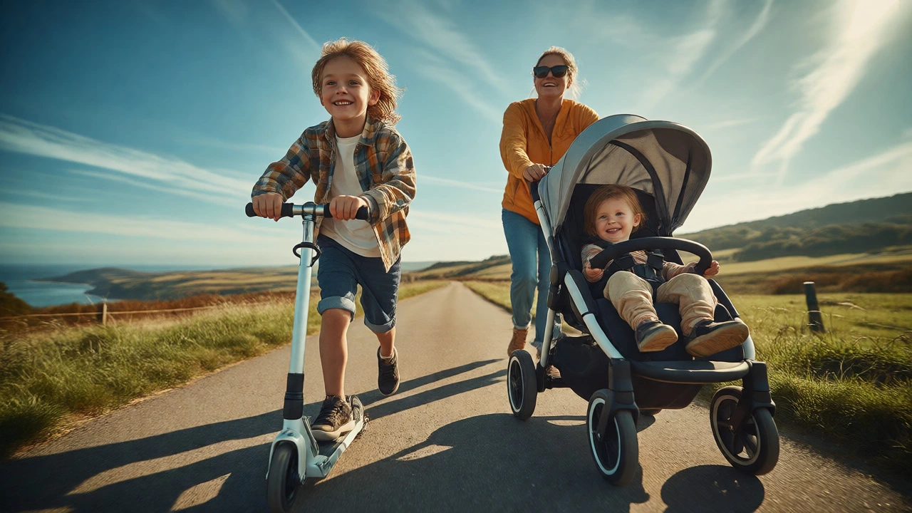 Family walking outdoors where an older child rides a scooter next to a parent pushing a toddler in a buggy.