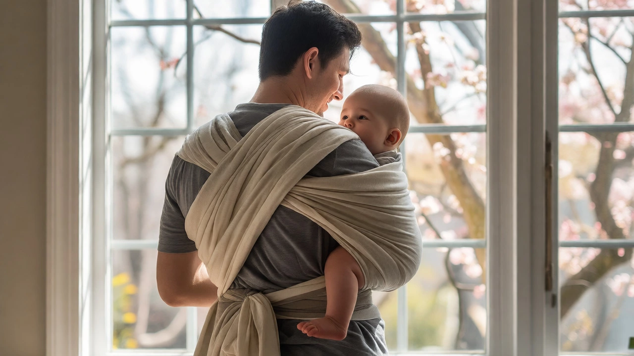 Father carrying infant in ring sling by sunny window