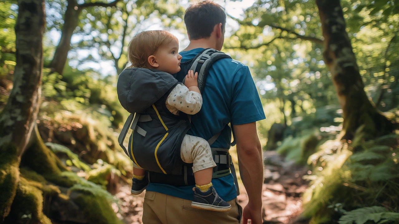 Father hiking with a toddler in a back-carry baby carrier