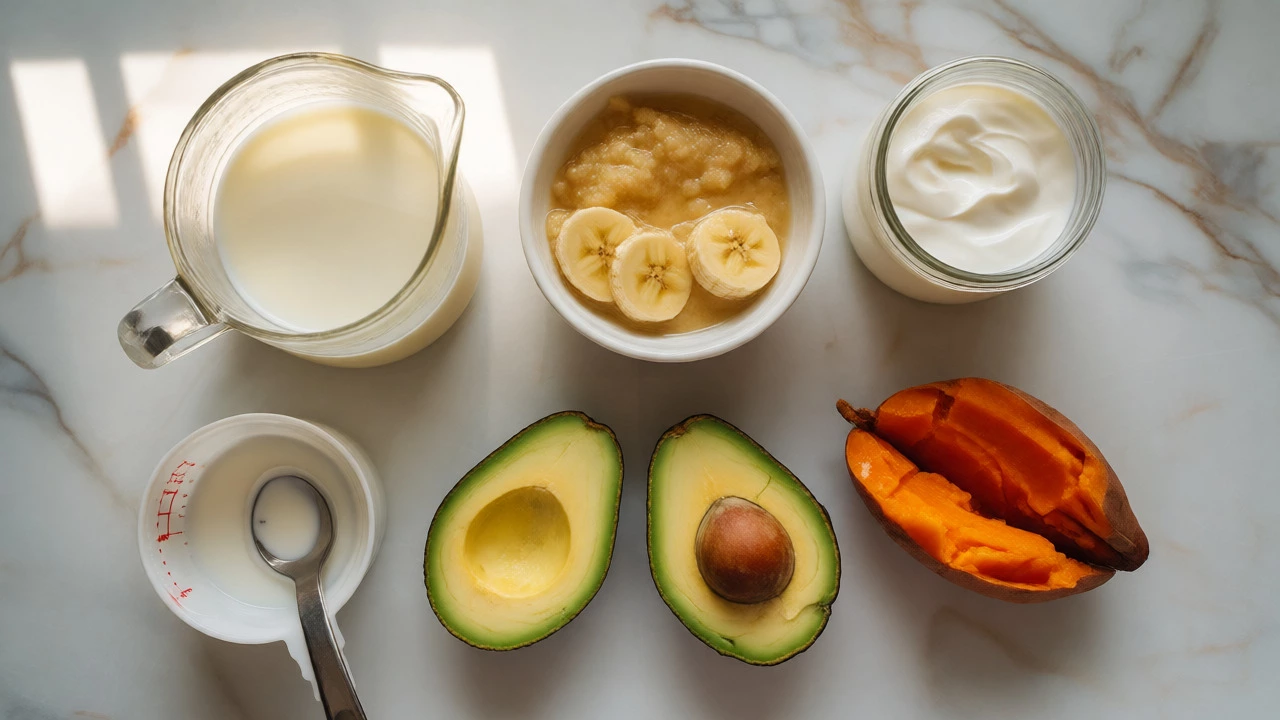 Flat lay of emergency baby food ingredients like banana, avocado, and diluted milk.