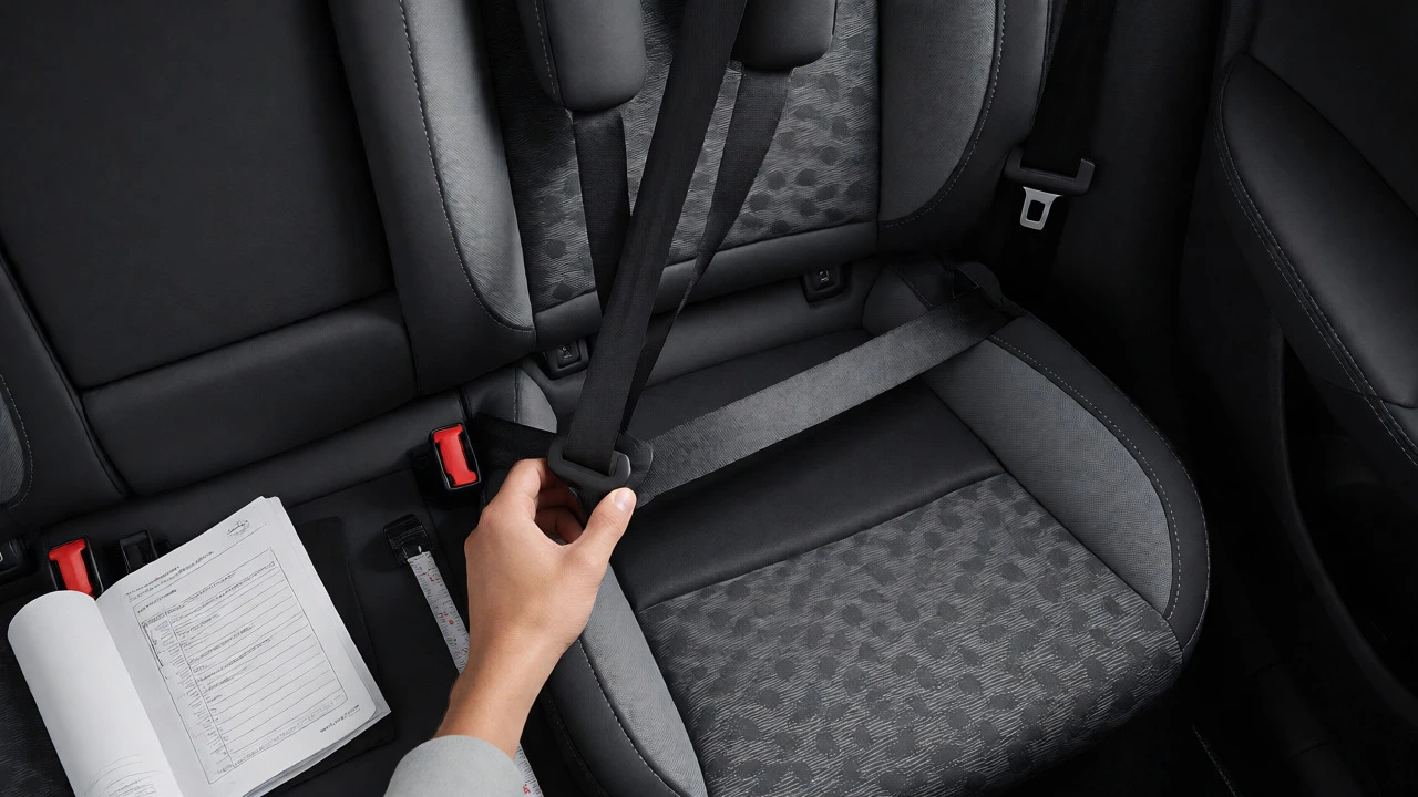 Hand performing the inch test on a car seat base in a vehicle.