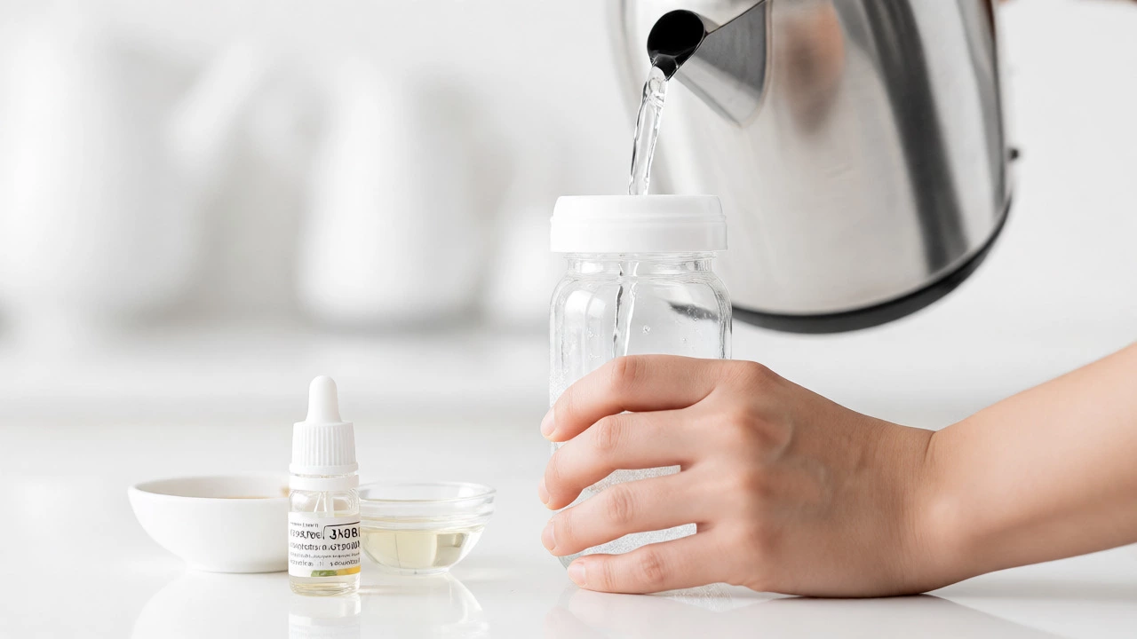 Hands carefully preparing a sterile emergency baby bottle with precise ingredients.
