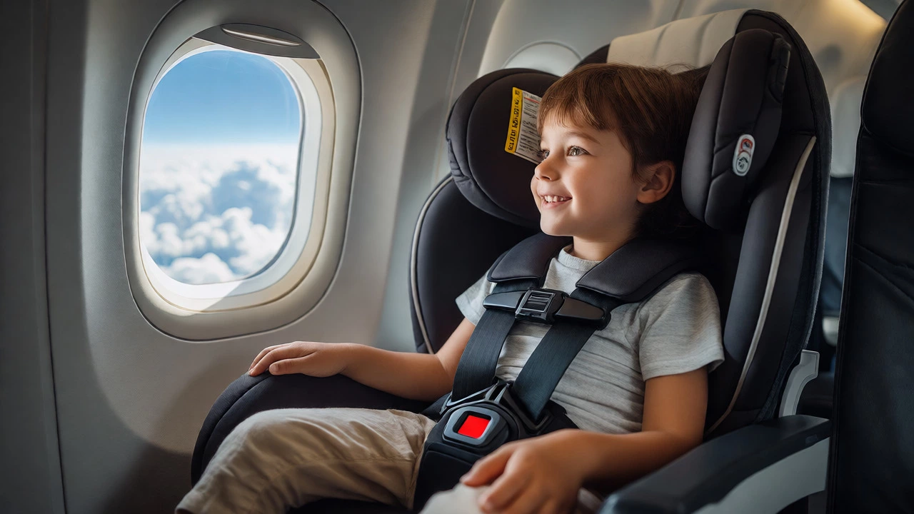 Happy three-year-old sitting safely in a car seat by the airplane window, looking at clouds.