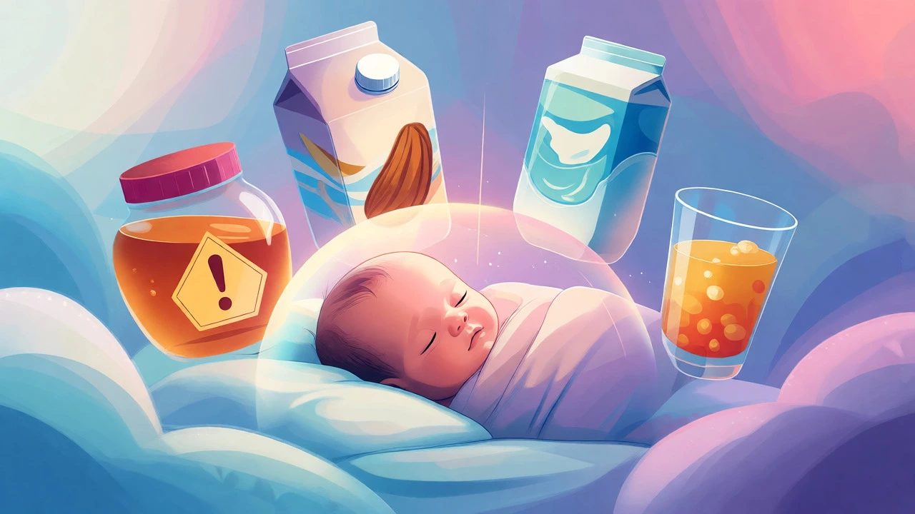 Illustration of a sleeping baby protected from unsafe foods like honey and plant milks.