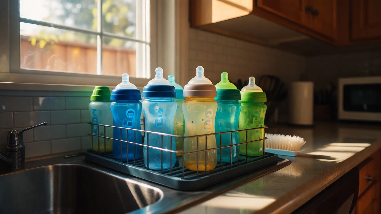 Mixed green and blue baby bottles drying on a kitchen rack