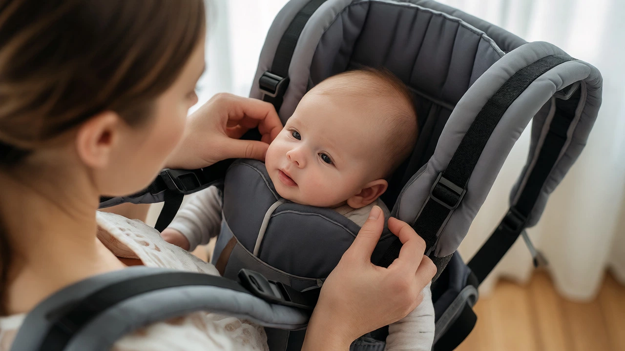 Mother adjusting a structured carrier for proper head and neck support