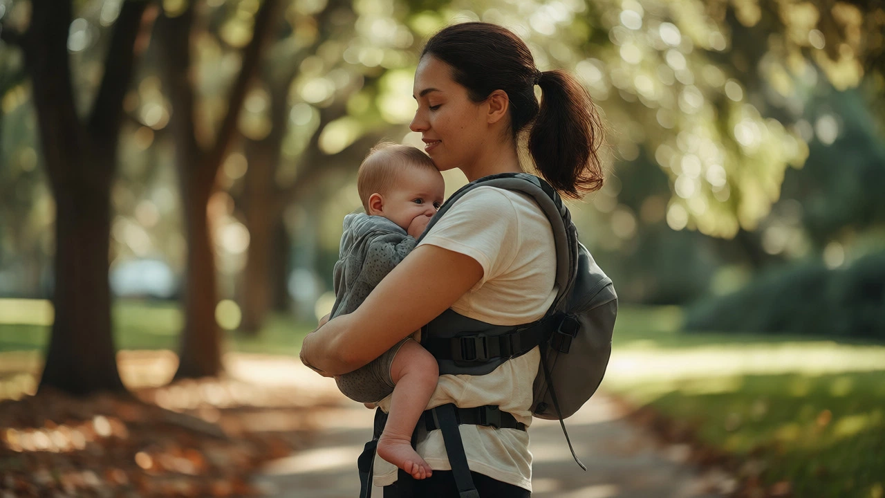 Mother carrying a big baby comfortably in a park using a supportive carrier.