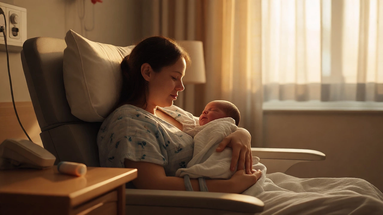 New mother holding swaddled newborn in a calm, minimalist maternity room setting.
