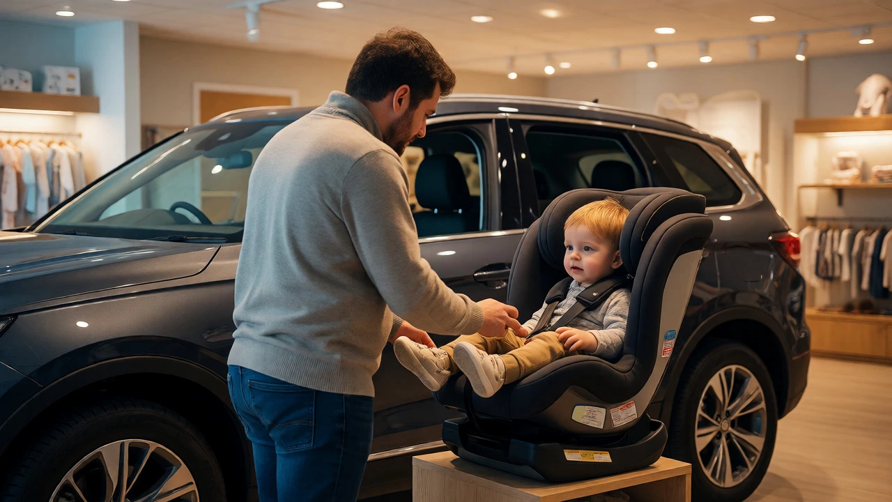 Parent and expert testing a car seat fit with a toddler in a shop.