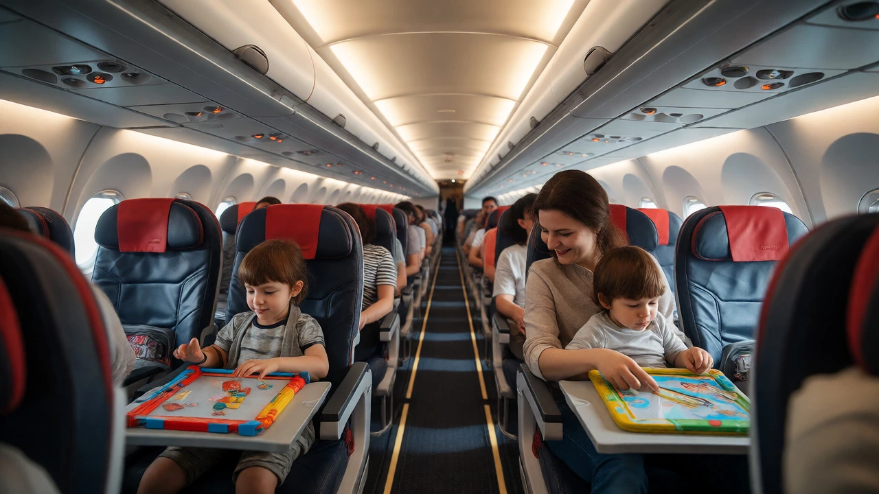 Parent and toddler calmly interacting in an airplane seat using quiet toys for distraction.