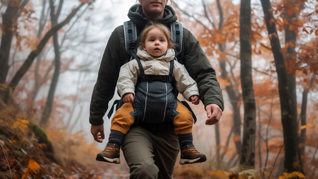 Parent hiking with toddler in structured carrier outdoors