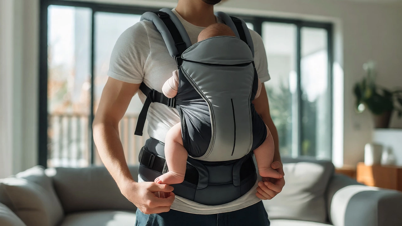 Parent using an ergonomic baby carrier with a wide seat supporting a large infant's hips.