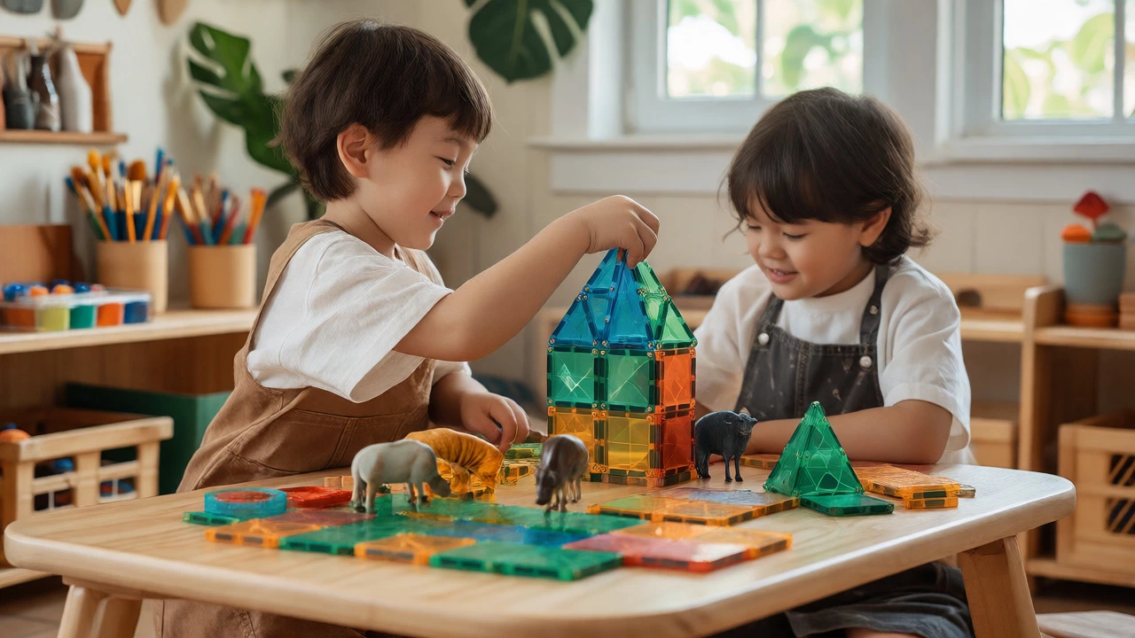Preschoolers building with magnetic tiles and animal figures at a low wooden table.