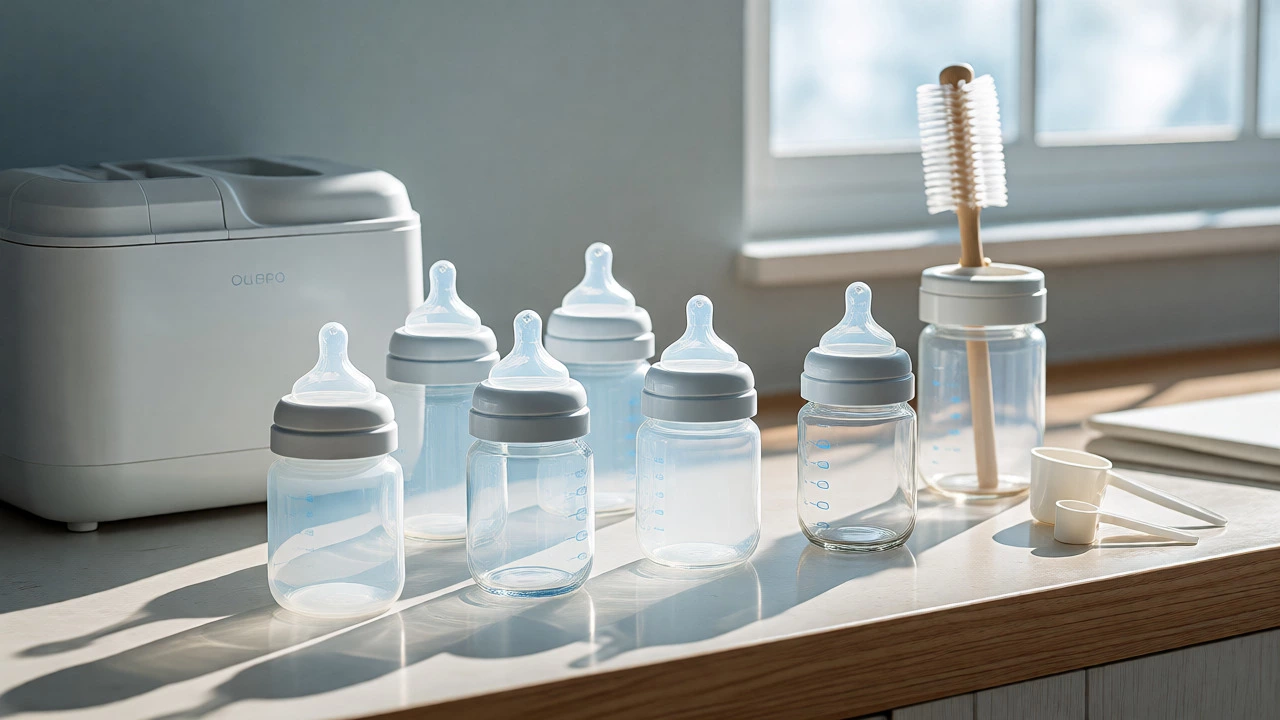 Small baby bottles and cleaning tools arranged on a kitchen counter