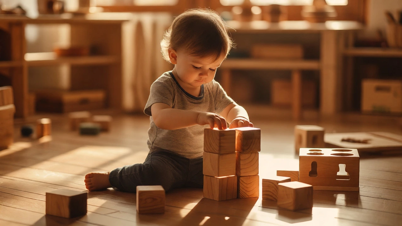 Toddler stacking natural wooden blocks on a floor in a minimalist Montessori room.