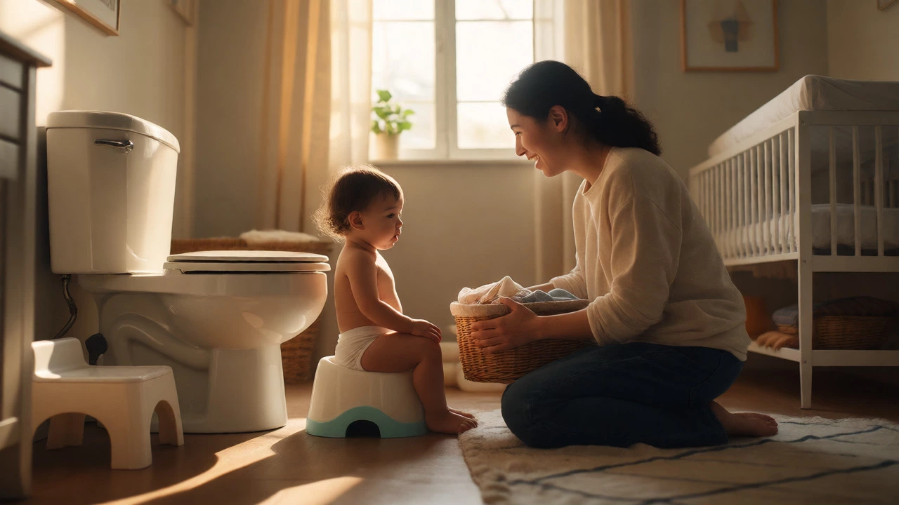 Toddler using potty chair in bright nursery with supportive parent